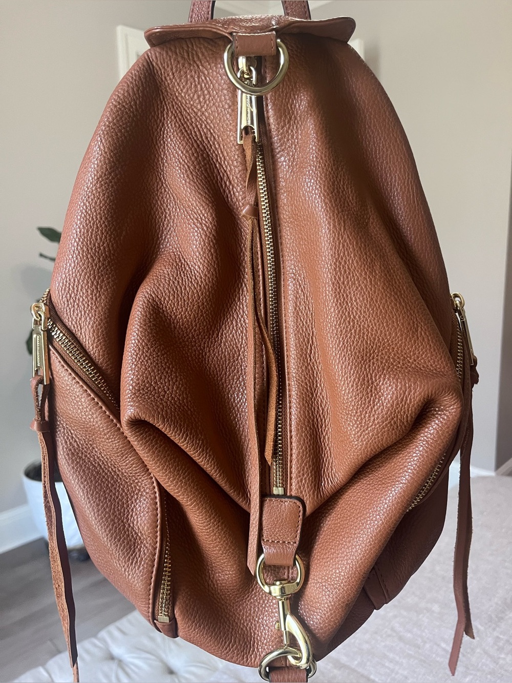 Rebecca Minkoff Brown Pebbled Leather Backpack with Gold Hardware